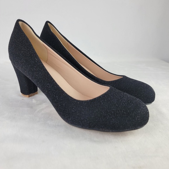 Errid Shoes - Errid Black Sparkle Round-Toe Pump Block Heel Evening Shoes Size 10.5 Dress